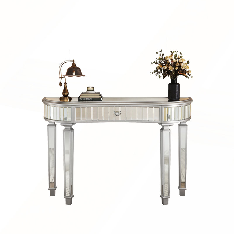 47" Half-Moon Mirrored Console Table With Fluted Glass & Crystal Knob Drawer - Silver Entryway Vanity Desk For Bedroom/Dressing Room(Grey+Sliver)