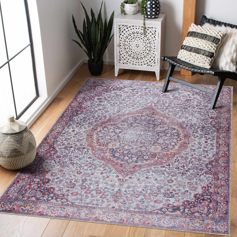 Tapis orange / bleu / mauve / beige lavable à la machine Cael, Rectangle 6 pi 7 po x 9 pi
