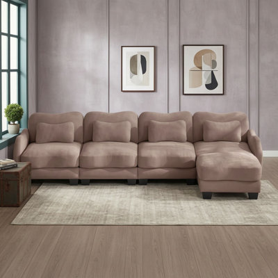 L-Shaped Modular Sofa with Ottoman, Curved Arms, Thick Cushions and Lumbar Pillows for Living Room