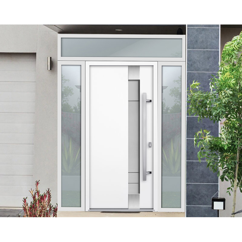 Porte d'entrée extérieure prémontée en acier Deux 1713, émail blanc, 2 fenêtres latérales et supérieures noires, inserts en acier inoxydable, style moderne, peinte, dimensions : L 16 + 36 + 16 x H 80 + 16, ouverture à gauche vers l'intérieur