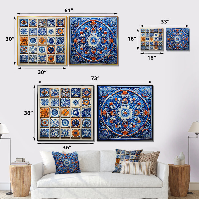 Boho Turkish Blue Tiles I - ensemble de 2 impressions sur toile Boho Tiles, H 30 po x l 61 po x P 1 po, Cadre noir