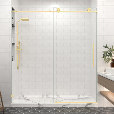61"-65" W X 76" H Frameless Sliding Shower Door In Brushed Gold With 5/16" Clear Tempered Glass,Large Roller, Soft Close