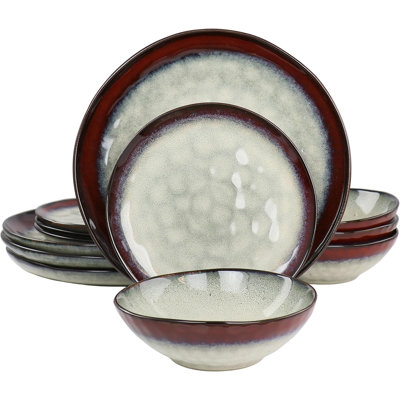 12 Piece Stoneware Dinnerware Set, Service For 4, Textured Plates & Bowls Set, Microwave & Dishwasher Safe, Red