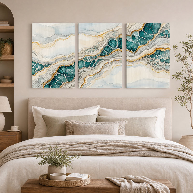 Ensemble de 3 toiles murales à motif de tranches de géode turquoise et or, 18"H x 12"W x 3pcs