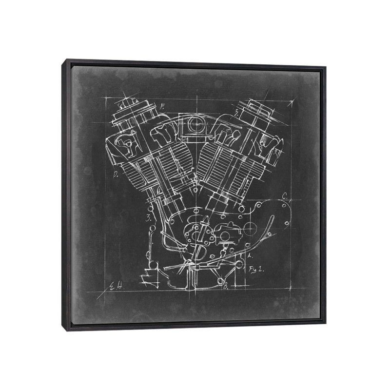 "Moto Engine Blueprint I" par Ethan Harper, reproduction d’art, H 26 po x l 26 po x P 1,5 po, Toile avec cadre noir patiné