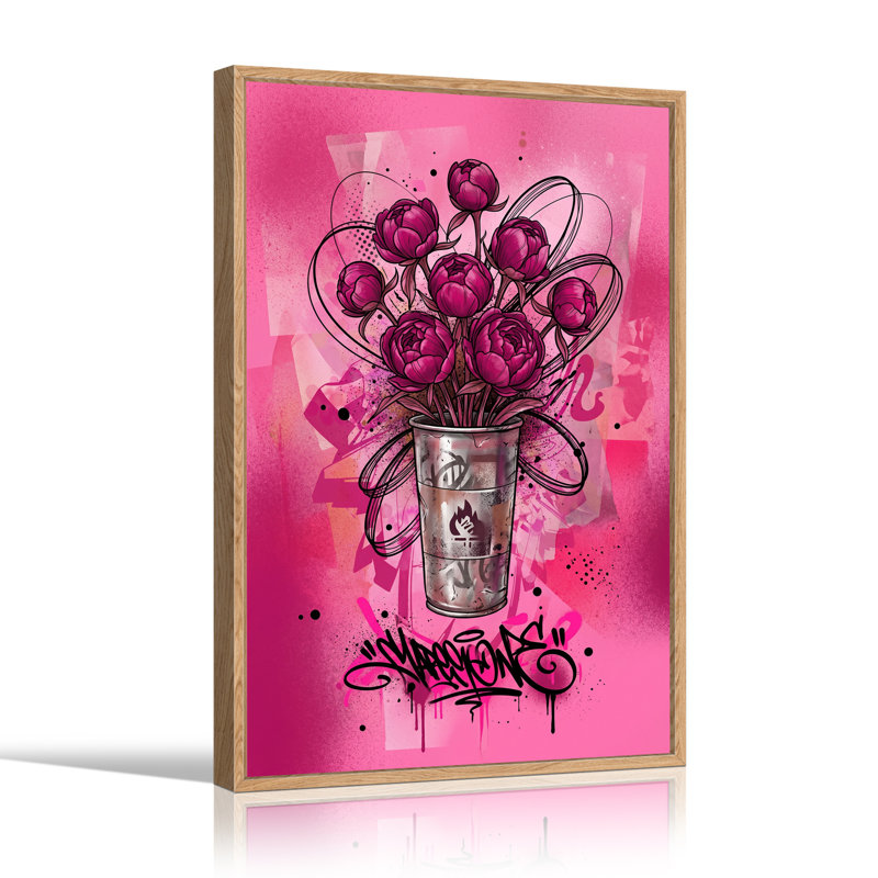 Art mural sur toile, fond de graffiti, pivoines roses en argent, H 24 po x l 18 po