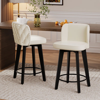 Beige Swivel Bar Stools Set of 2, 27.5" PU Leather Seat with Tufted Back, Solid Wood Legs, Counter Height Bar Chairs for Kitchen Island, Dining Room, Café