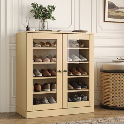 100% Solid Wood Glass Door Shoe Storage Cabinet with Adjustable Shelves, Space Saving Stackable Entryway Organizer, 32" W x 35.75" H