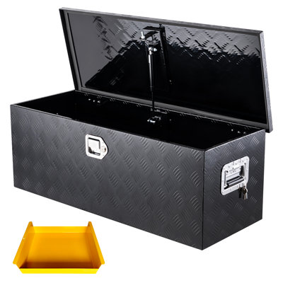 Boîte à outils verrouillable en aluminium pour camion avec plateau à diamants - coffre de rangement de 36 x 15 x 15 pouces avec couvercle de vérin à gaz, résistant aux intempéries, poignées latérales, plateau de rangement, revêtement en aérosol noir (avec boîte en métal jaune)