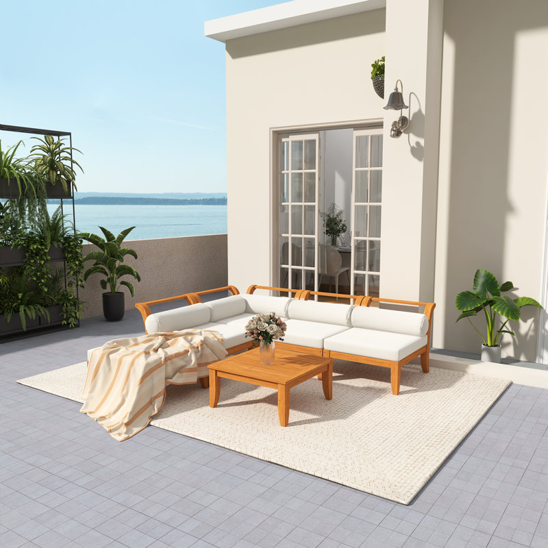 Ensemble de meubles de jardin 6 pièces, canapé modulaire en L en bois d'acacia avec lit de jour convertible, table de thé et repose-pieds