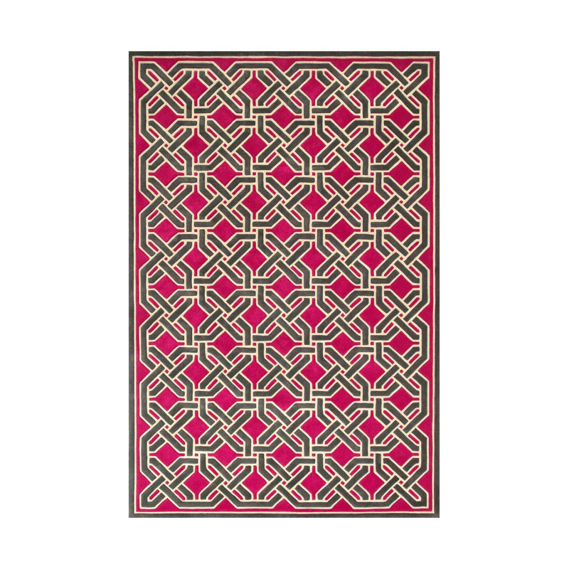 Fuchsia-Gray Geometric Patterned Woven Base Digital Print Rug, Rectangle 3 pi 11 po x 5 pi 10 po
