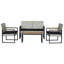 Ensemble de conversation d'extérieur en rotin PE tissé blanc 4 pièces avec table en bois d'acacia, structure en métal noir et coussins noirs Wilder