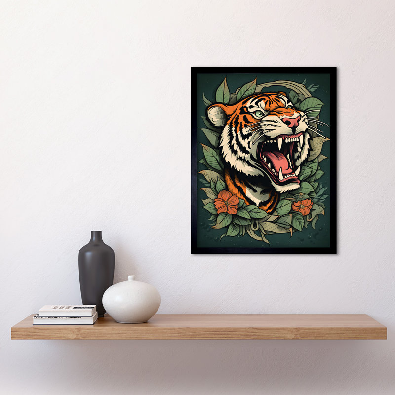 Aamin Tiger Roaring Old School USA Tattoo Ink Body Art Americana 50s - Single Picture Frame Print