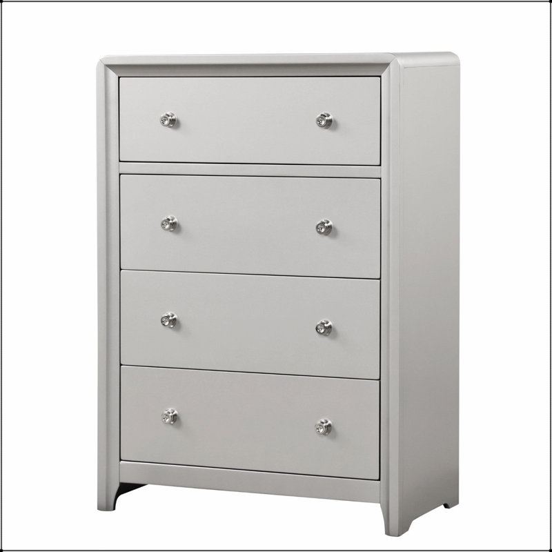 Commode luxueuse à 4 tiroirs avec boutons en nickel brossé, fabrication en queue d'aronde anglaise et finition champagne pour les chambres modernes