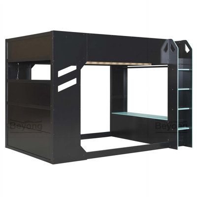 Full Size Wood Loft Bed with Height-adjustable Desk,Drawers,Storage Compartments,Hanging Rod and RGB Lights,Blue
