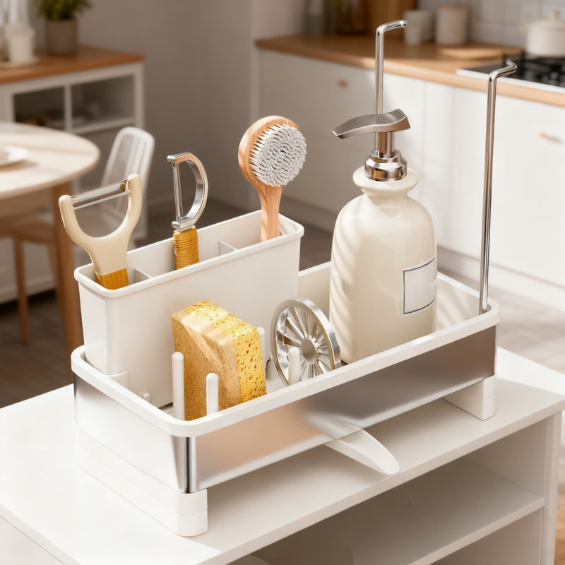 Kitchen Sink Organizer With Rotatable Spout, Removable Brush Holder And Detachable Towel Rack For Countertop Storage And Drainage
