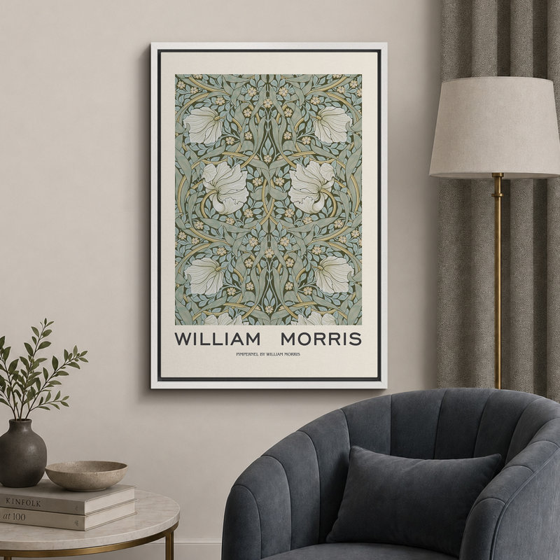 Oeuvre classique "William Morris - Illustration de fleur de pimpernel vert, images murales abstraites de salle de bain florales et botaniques, impression sur toile encadrée,"