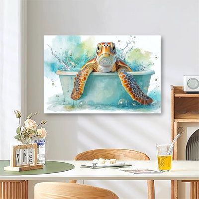 Large Gallery Wrapped Canvas Wall Art Print, Whimsical Turtle Relaxing In A Bathtub for Living Room & Bedroom