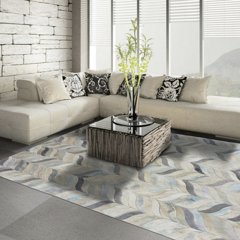 Ceres Cowhide Chevron Area Rug, Rectangle 10' x 14', Sky Blue/Gray/Beige