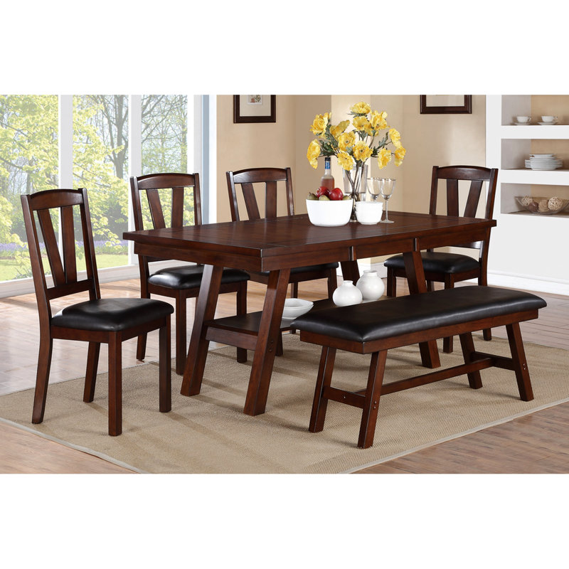 Salle à manger contemporaine de 6 pièces: table rectangulaire, 4 chaises d'appoint, 1 banc, bois d'hévéa noyer foncé, coussins en similicuir, dossier en V, rangement ouvert, placage de bouleau, placage de sièges