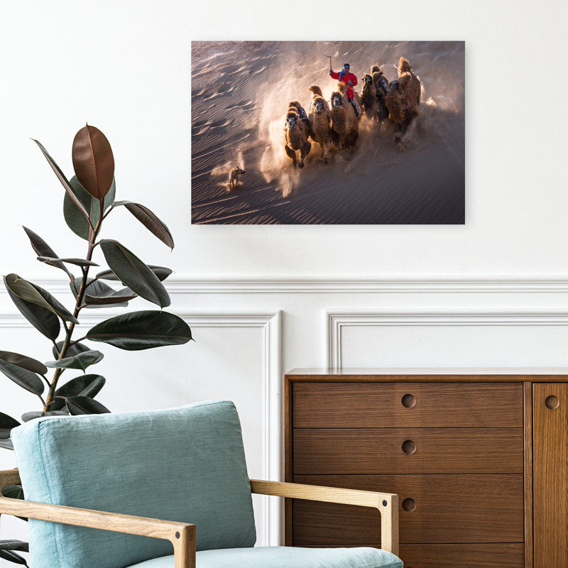 " Desert Camels Charging Abstract Contemporary Dog Landscape Nature Wall Art Print " Print, H 16 po x l 24 po