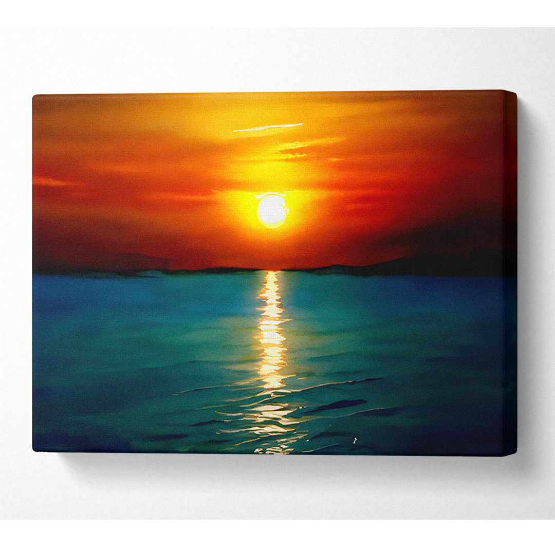 As The Sun Goes Down Over The Turquoise Ocean Leinwand Aquarell