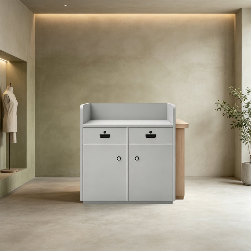 Bureau de réception et de réception peu encombrant avec rangement verrouillable sécuritaire et système de glissières silencieuses, bord en forme d'arc pour la sécurité, utilisation polyvalente dans les magasins, les cabinets ou les kiosques d'événements