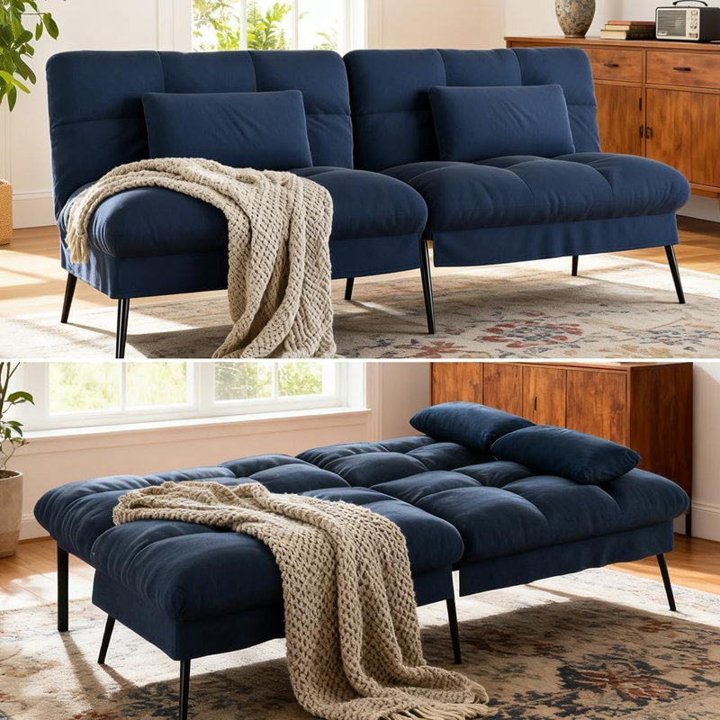 COMHOMA Convertible Futon Sofa Bed, 72″Fabric Futon Couch with Adjustable Backrest, Folding Futon Sleeper Recliner for Living Room Furniture (Blue)