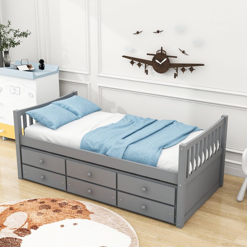  Daybed with Trundle and  Drawers, Gray, Twin