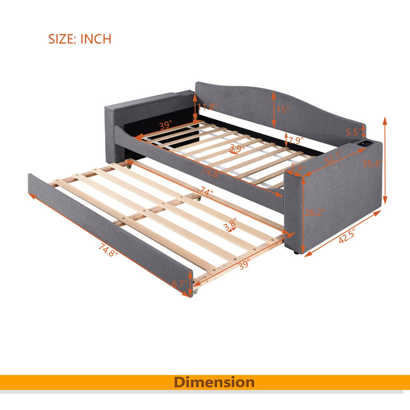 Twin Size Upholstered Daybed With Storage Armrests, Trundle And Latest Integrated Bluetooth Audio System, Teddy Fleece, Gray