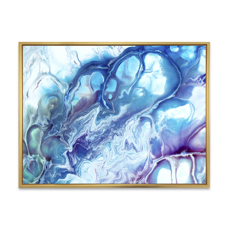 Abstrait de marbre bleu et mauve - peinture sur toile, Cadre flottant doré, H 34 po x l 44 po x P 1,5 po