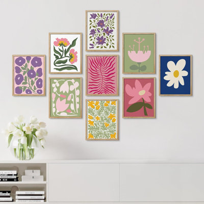 Motif de tulipes multicolores et de marguerites colorées, nature, calme, bohème, floral abstrait, botanique, 9 pièces