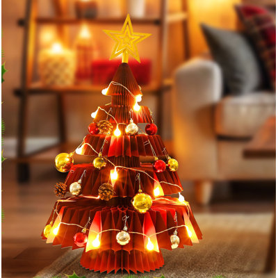 24 Foldable Burgundy Paper Honeycomb Christmas Tree with Globe String Lights and Ornaments  Perfect for Dining Tables Coffee Tables Desks and Ent