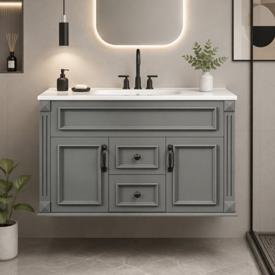 Meuble-lavabo mural 36 po avec lavabo et tiroirs en céramique, meuble-lavabo simple de style français avec charnières à fermeture douce