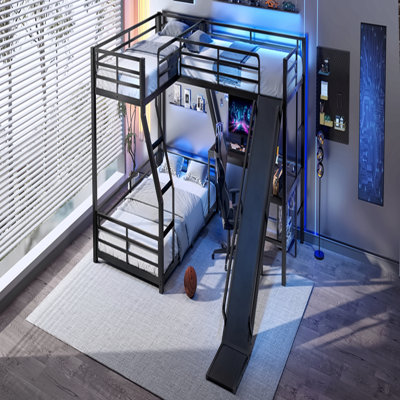 Lit superposé en L avec lit mezzanine, lit superposé triple en métal avec glissière et ports USB, conception peu encombrante et silencieuse
