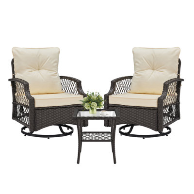 Ensemble de meubles de patio 3 pièces, ensemble bistro extérieur en osier, chaises pivotantes et pivotantes x 2 avec coussins, table d'appoint x 1, mobilier d'extérieur en rotin toutes saisons à haut dossier pour porche, cour