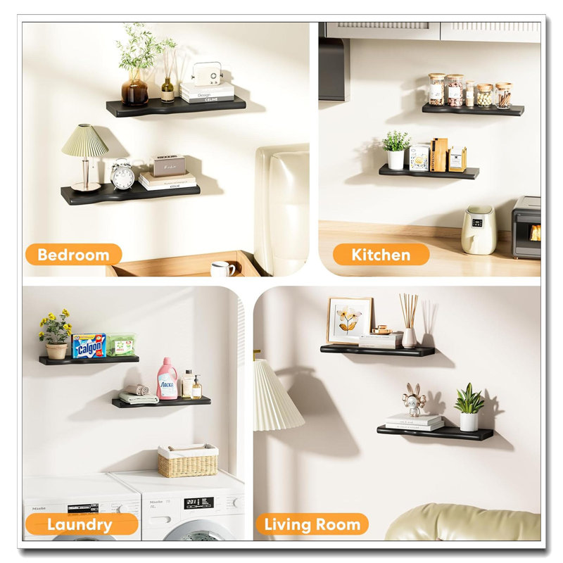 24 Inch Rustic Farmhouse Floating Wall Shelves Solid Pine Live Edge Wooden Shelf For Bathroom Living Room Bedroom Kitchen Black