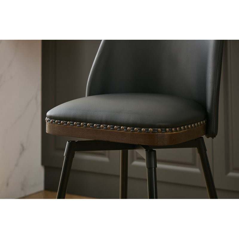 Modern 26" Swivel Faux Leather Upholstered Counter Stool with Wood Trim, Black, 2