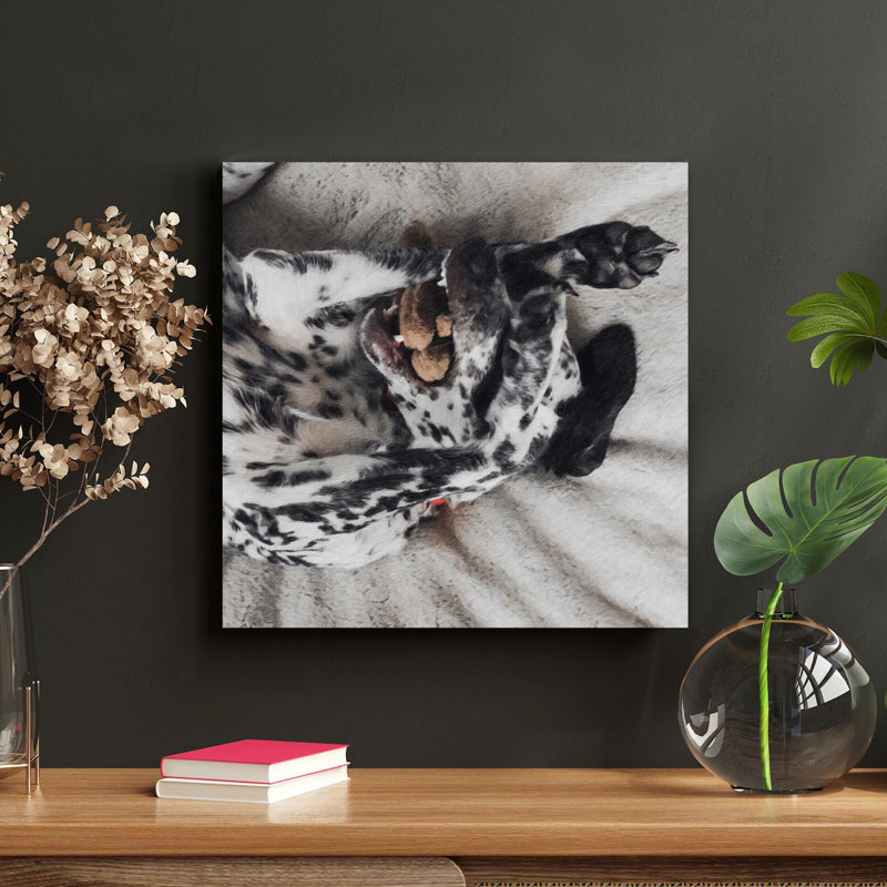 Un chien dalmatien tenant un écrou sur une couverture blanche - Reproduction d'art graphique sur toile tendue 1 pièce