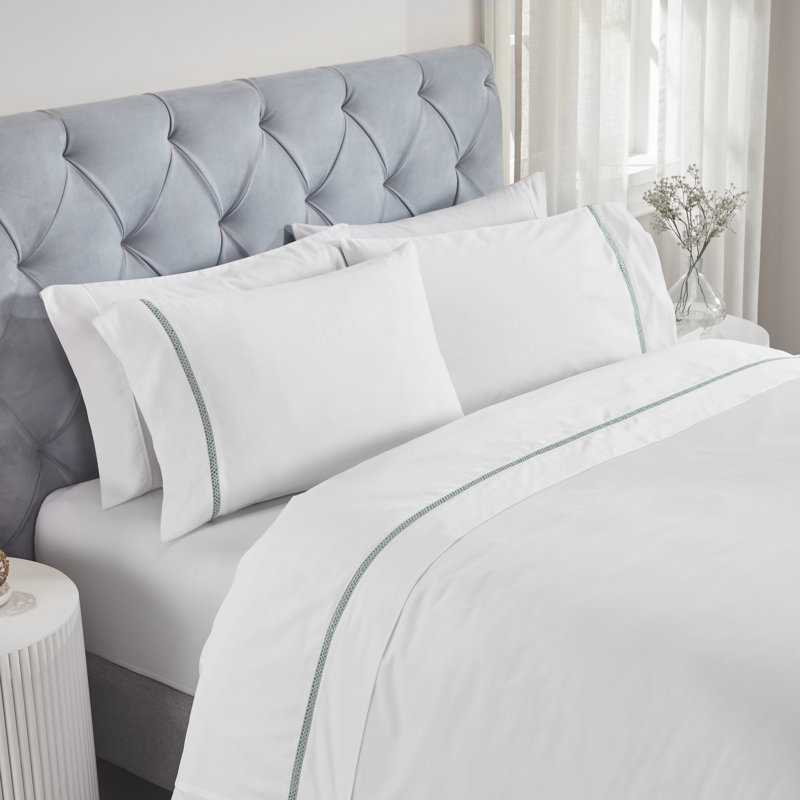Ensemble de draps en coton Riverton , Ensemble de draps double / double avec 2 taies d'o, Blanc / bleu sarcelle clair