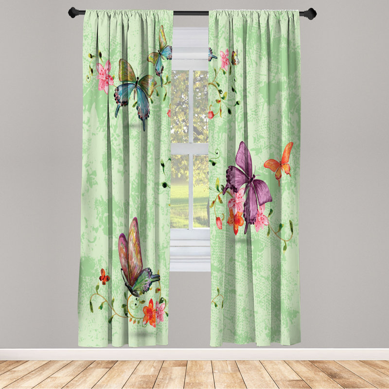 Microfiber Floral Semi-Sheer Rod Pocket Curtain Panels, 28" W x 63" L, Light Green/Violet/Orange