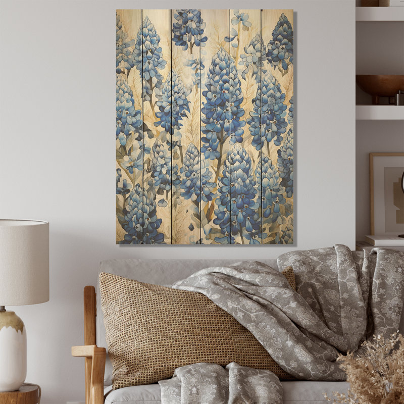 Élégant Blue Bonnets Meadow I - art mural en bois Blue Bonnets sur bois de pin naturel, H 40 po x l 30 po