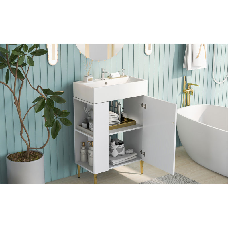 Meuble-lavabo de 21,6 po en blanc, lavabo en céramique, rangement à gauche, armoire, porte, intérieur spacieux, design moderne blanc avec lavabo et matériau, porte pour une salle de bain paisible