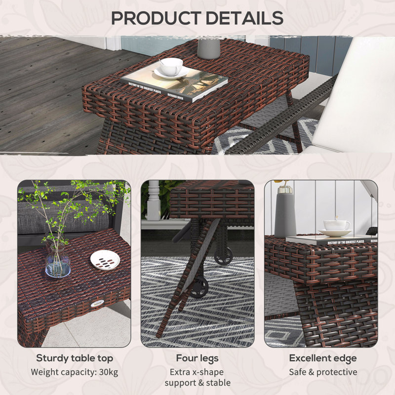 Folding Rattan Side Table, Outdoor End Table, Hand Woven Pe Rattan Coffee Table