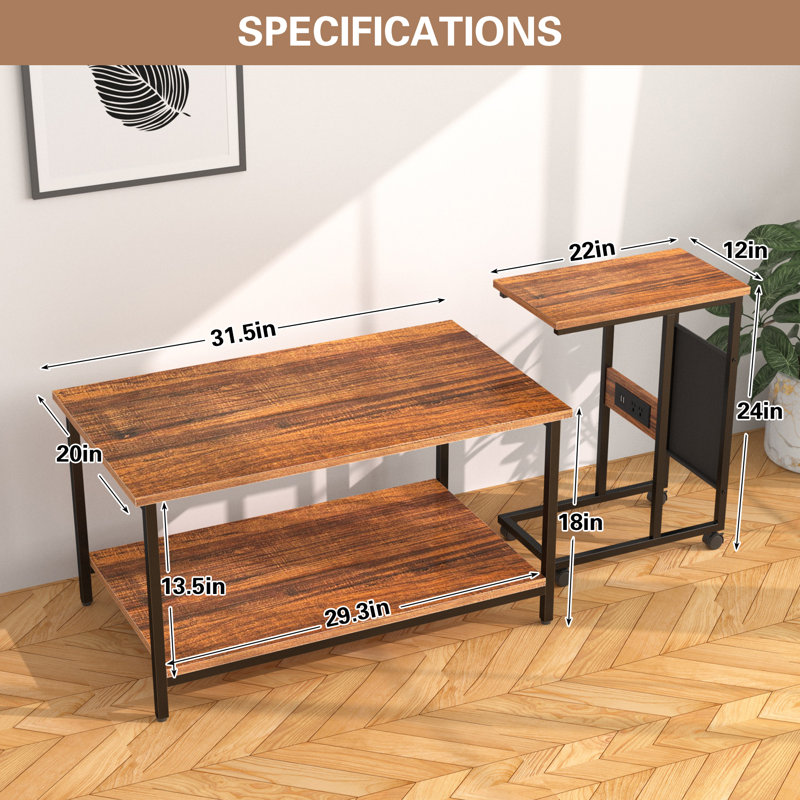 Summerall Nesting Coffee Table Set Of 2, Rectangle Center Table And C Shaped End Table With Charging Station & Side Pouch For Living Room, Bedroom Small Space
