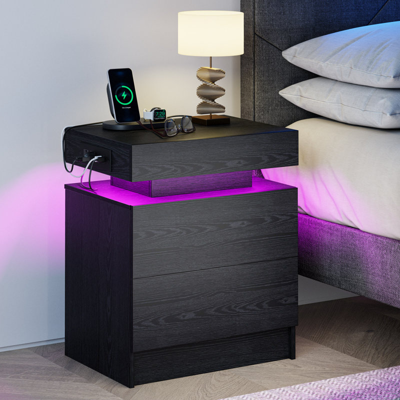 Westerly Modern Style Wooden Nightstand with LED Light and Storage Drawers, Black