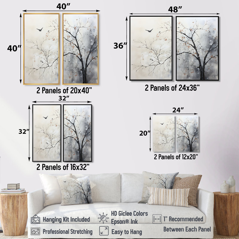 Décoration murale minimaliste oiseaux minimals sur branche I - Beige, H 36 po x l 48 po, Impression encadrée flottante, Noir