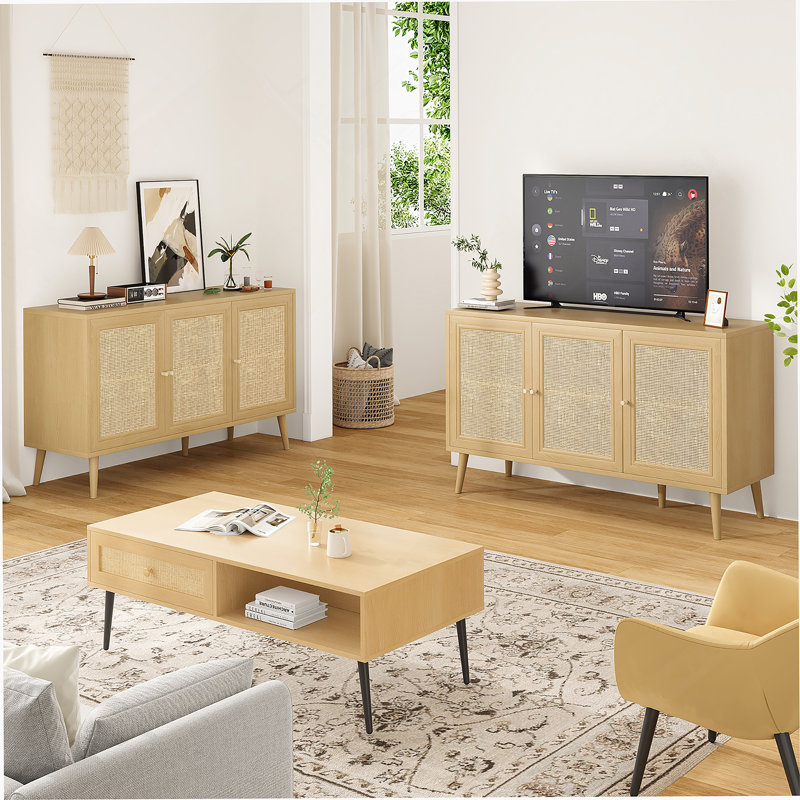 Sideboard Buffet Cabinet With 3 Rattan Doors, Kitchen Storage Console Cabinet For Indoor, Natural