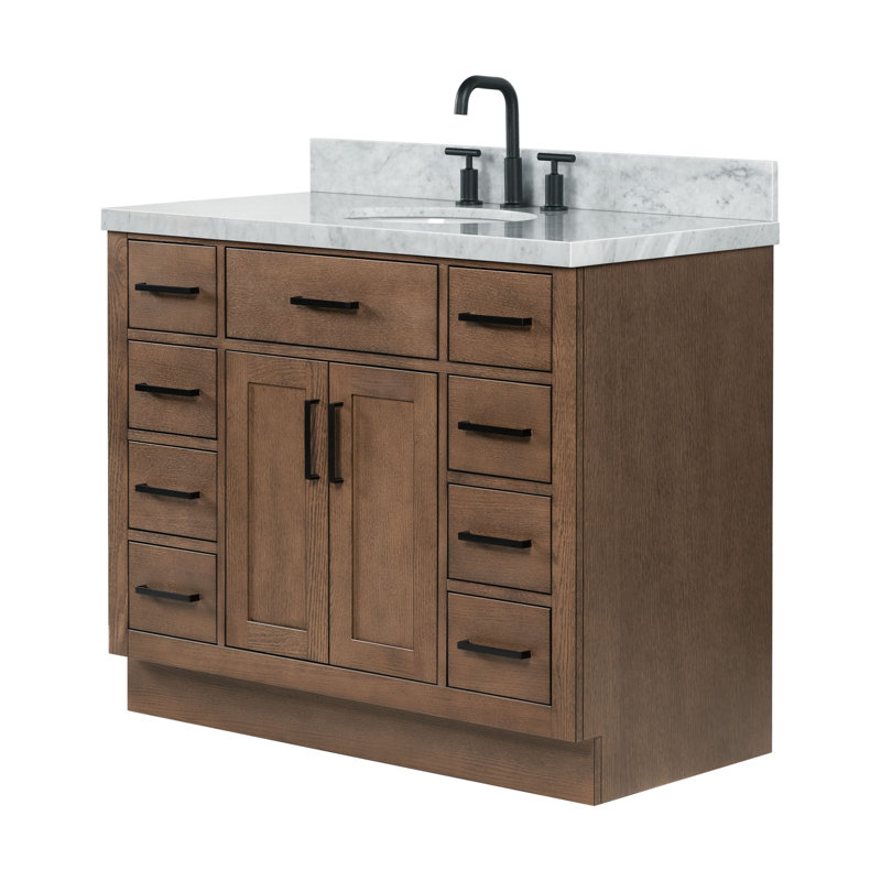 Thornaby 42'' Solid Wood Single Bathroom Vanity with 1.5'' Carrara Marble Top, Oval, Brown Oak / Matte Black, 42"