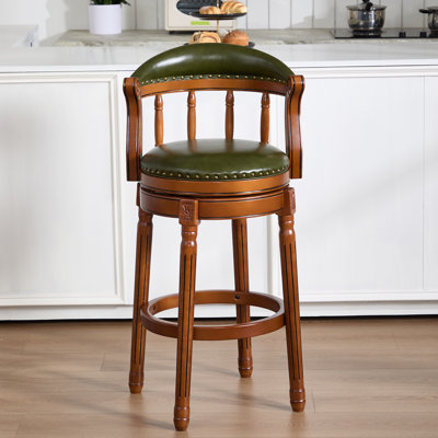 Genuine Leather Bar Stool with Solid Wood Frame - Swivel, Mid-Back Ventilated Design & Footrest